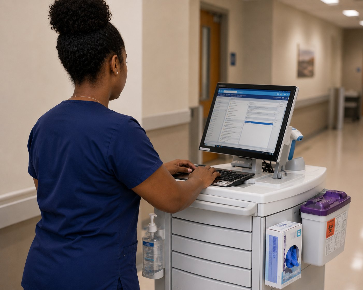 Nurse documenting in PointClickCare at a medication cart